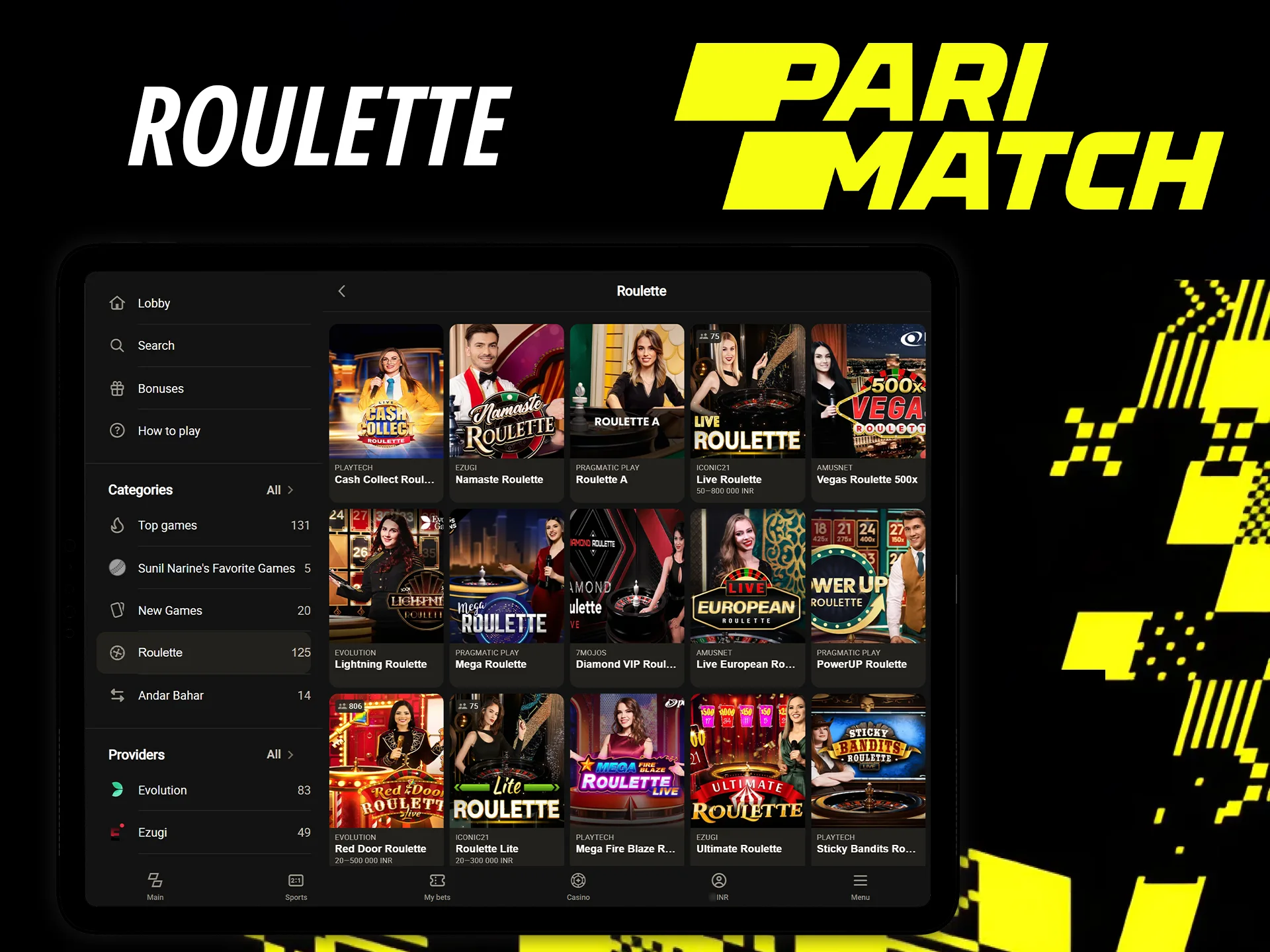 On the Parimatach site, you can play your favorite roulette game.