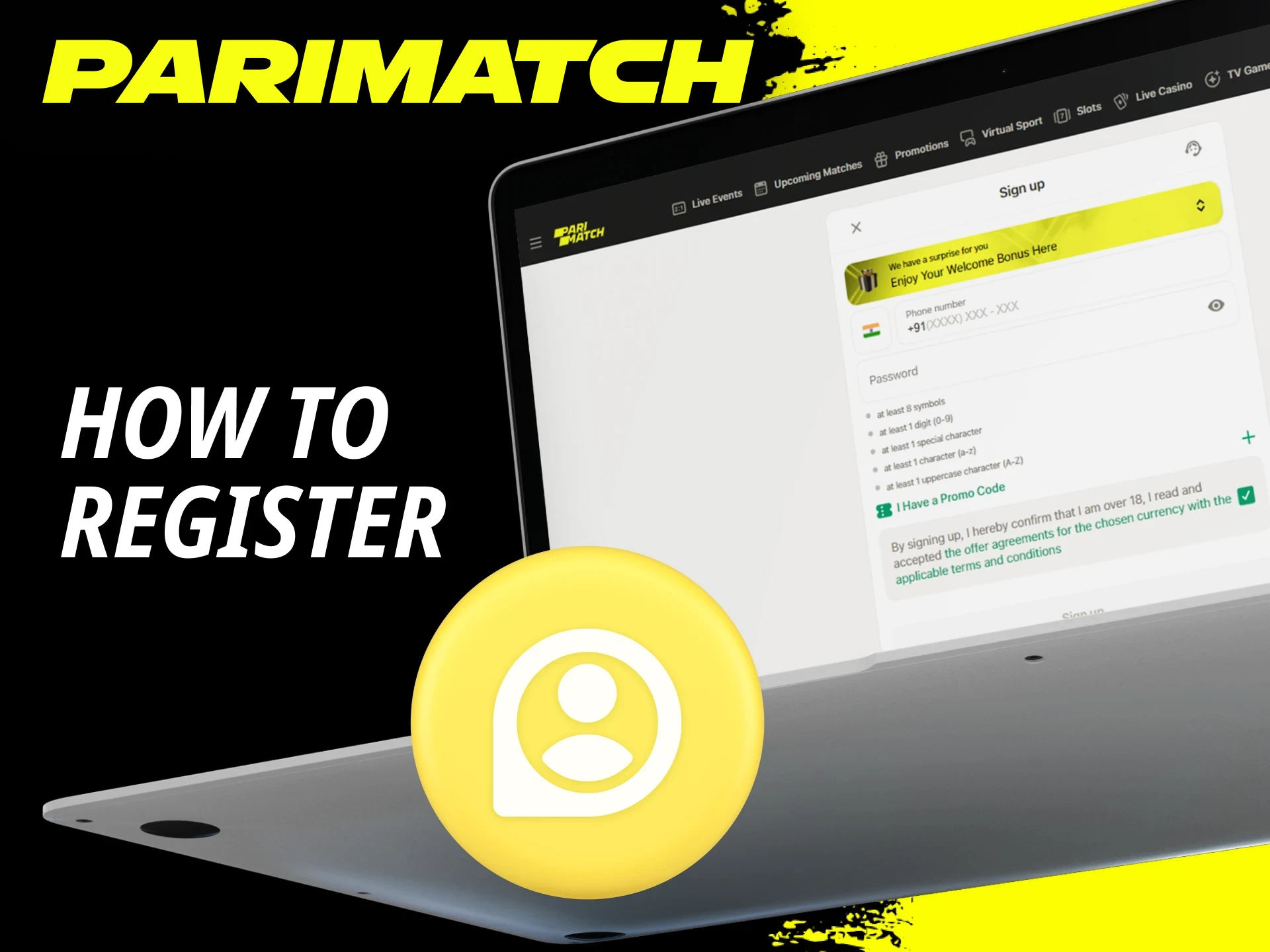 Instructions for users on how to create a new account on the Parimatch online casino website.