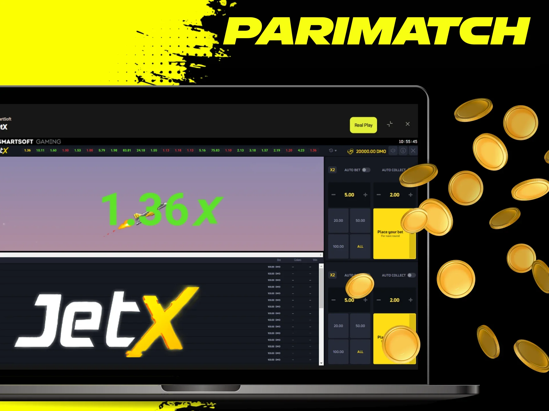 Withdraw funds with low multipliers in the JetX game on the Parimatch online casino website.